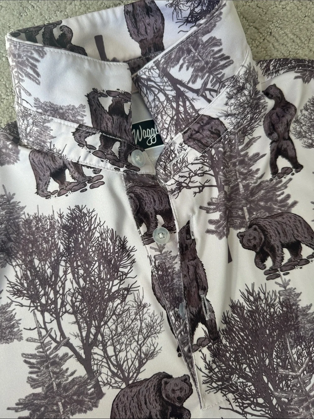 Men’s Waggle Bear Print Polo Shirt in White and brown/gray - Picture 2 of 3